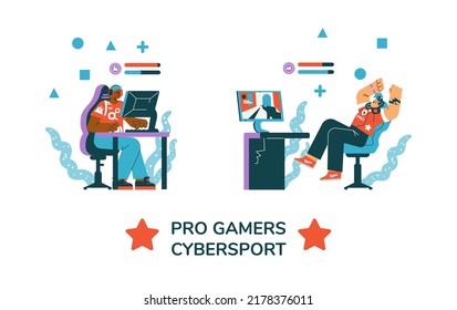 Pro gamers cybersport tournament banner or poster design flat cartoon vector illustration isolated on white background. E-sport computer gaming competition.