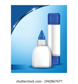 Pro Glue Stick And Bottle Advertise Banner Vector. Blank Super Strong Glue Packages High Quality. Non-toxic And Easy To Use, Eco-friendly And Water Resistant Concept Mockup Realistic 3d Illustration