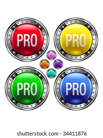 Pro icon on round colorful vector buttons suitable for use on websites, in print materials or in advertisements.  Set includes red, yellow, green, and blue versions.