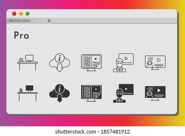 pro icon set. included desktop, ebook, teacher, instructor, information icons on white background. linear, filled styles.