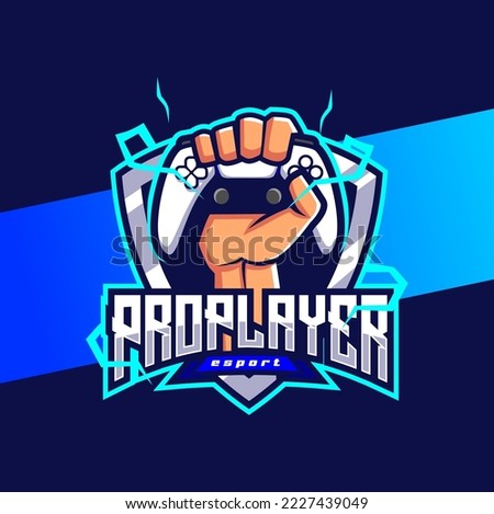 pro player esport logo character design, with hand holding stick game controller