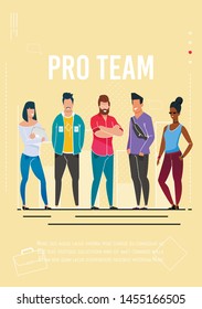 Pro Team Advertising Poster with Editable Promo Text. Cartoon People Characters, professional Gamers Team, Multi-Ethnic Diverse Group, Men and Women Standing Together. Vector Color Flat Illustration