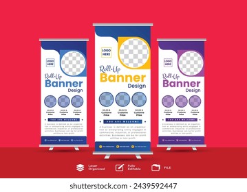 Plantilla de diseño de banner con múltiples colores para banner desplegable corporativa moderna con ilustración vectorial profesional