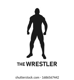 Pro Wrestler Silhouette Logo Concept. Standing Muscular Man Pose. Male Professional Weight Lifter Icon. Body Muscle Sign Or Symbol. Gym Training Exercise - Simple Vector Black And White Illustration.