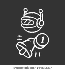 Proactive bot chalk icon. Sending messages, incoming notifications. Text alert. Reminder, alarm. Network communication. Artificial intelligence. Isolated vector chalkboard illustration