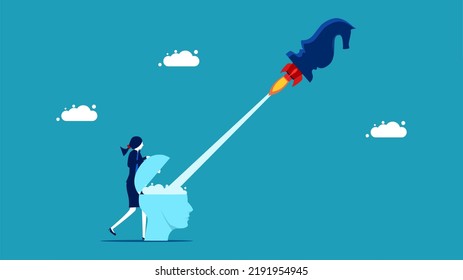 Proactive business strategy. Businesswomen launch rockets on chess horses. vector
