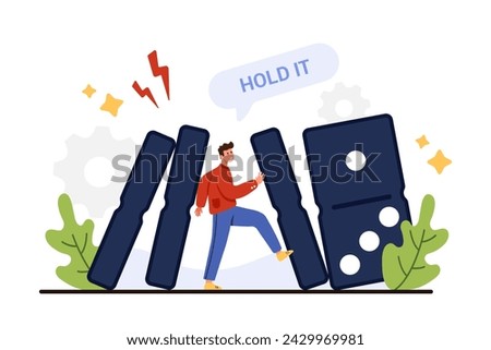 Proactive crisis management, change failure situation and solve business problem. Tiny man holding falling domino blocks to impact financial crisis and company collapse cartoon vector illustration