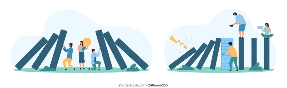 Proactive crisis management, success strategy set. Tiny people building brick wall to avoid business failure, work on idea to stop domino falling effect, overcome crisis cartoon vector illustration