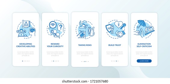 Proactive Development Onboarding Mobile App Page Screen With Concepts. Quality Of Life. Self Improvement Walkthrough 5 Steps Graphic Instructions. UI Vector Template With RGB Color Illustrations