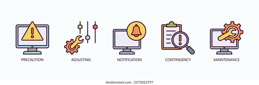 Proactive Essentials Icon Set Isolated Vector With Icon Of Precaution, Adjusting, Notification, Contingency, Maintenance In Outline Color Style