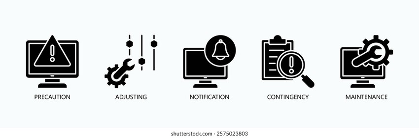 Proactive Essentials Icon Set Isolated Vector With Icon Of Precaution, Adjusting, Notification, Contingency, Maintenance In Glyph Style