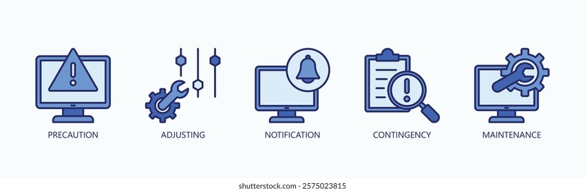 Proactive Essentials Icon Set Isolated Vector With Icon Of Precaution, Adjusting, Notification, Contingency, Maintenance In Blue Style