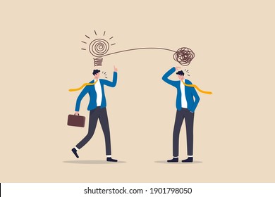 Proactive and reactive thinking, chaos and order theory or simplify idea to solve difficulty problems concept, businessmen discussing work using creativity solving messy line into light bulb idea.
