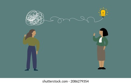 Proactive and reactive thinking, chaos and order in mind concept. Business people standing discussing work using creativity solving messy information to creative great idea together