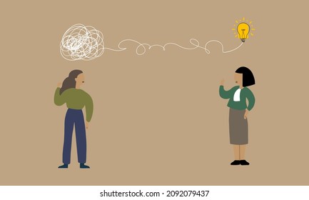 Proactive and reactive thinking, chaos and order in mind concept. Business people standing discussing work using creativity solving messy information to creative great idea together