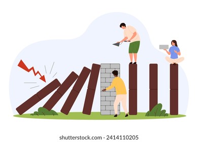 Proactive risk management. Tiny people building brick wall to avoid falling domino, control vulnerability and manage impact of danger, plan prevention, action for stability cartoon vector illustration