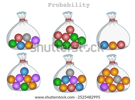 Probability calculations, finding. Possibility, static. Lots, odds, marble in transparent bag. Fraction chance, colored balls. Percentiles numbers. Conditional possibly. Red, blue, yellow taw. Vector 