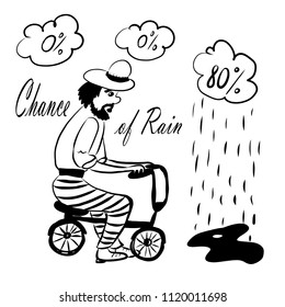 probability of rain, picture drawing, a man on a small children's bicycle is riding under the clouds with rain over a puddle, sketch, hand-drawn comic cartoon vector illustration