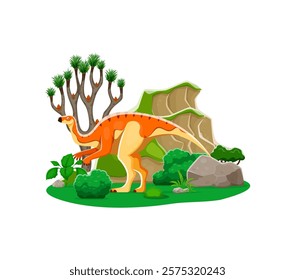 Probactosaurus prehistoric dinosaur cartoon character. Isolated vector herbivore reptile animal in natural landscape with plants, tree and rock. Early Cretaceous era lizard of Hadrosauroidea family