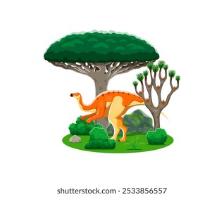 Probactrosaurus prehistoric dinosaur character at Early cretaceous landscape. Isolated cartoon vector herbivore dino with long legs, tail and neck stand at serene field with green trees and rocks