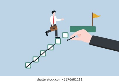 período de prueba, evaluación de empleados para proporcionar comentarios y tomar decisiones sobre el concepto de ascenso, aumento o terminación, Empresario caminando por una escalera de casillas de verificación para evaluación.