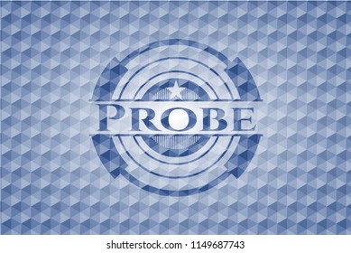Probe blue emblem or badge with abstract geometric polygonal pattern background.