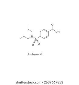 Probenecid chemical structure skeletal formula. Uricosuric agent, organic anion transporter inhibitor drug used to treat Gout, hyperuricemia, adjunct to increase plasma levels of certain antibiotics.