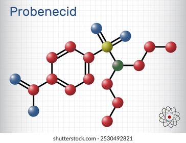 Probenecid-Molekül. Uricosurisches Mittel zur Behandlung von Gicht und Hyperurikämie. Molekülmodell. Blatt Papier in einem Käfig. Vektorgrafik