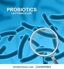 Probiotic background. Magnifying glass with probiotics on blue background. Human health background. EPS10 vector