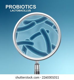 Probiotic background. Magnifying glass with probiotics on blue background. Human health background. EPS10 vector