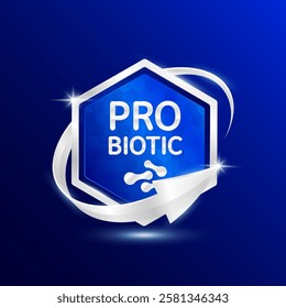 Probiotic bacteria. Blue shine hexagon rounded modern packaging badge logo silver arrow surround on dark background. Good bacterial flora for stomach and intestine. For design product label. Vector.