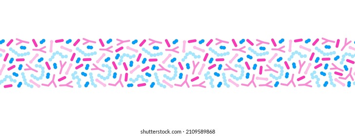 Probiotic bacteria border. Gut microbiota banner with healthy prebiotic bacillus. Lactobacillus, acidophilus, bifidobacteria and other microorganisms for biotechnology.