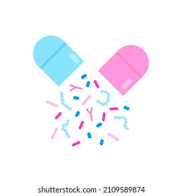 Probiotic bacteria capsule. Good microbiota nutrition supplement in pill. Lactobacillus, acidophilus, bifidobacteria and other microorganisms for biotechnology.