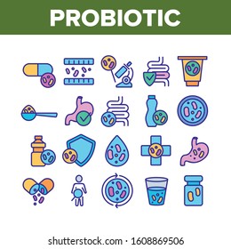 Probiotic Bacteria Collection Icons Set Vector Thin Line. Intestinal Flora And Intestinal, Healthy Yogurt And Intestine, Probiotic Concept Linear Pictograms. Color Contour Illustrations