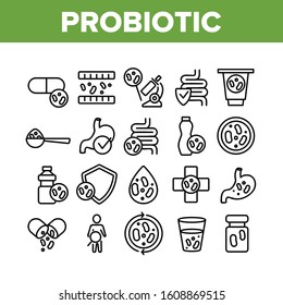 Probiotic Bacteria Collection Icons Set Vector Thin Line. Intestinal Flora And Intestinal, Healthy Yogurt And Intestine, Probiotic Concept Linear Pictograms. Monochrome Contour Illustrations