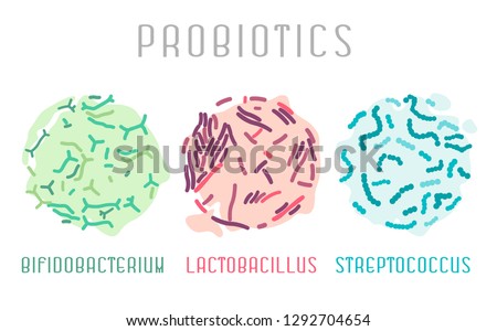 Probiotic bacteria icon, Lactobacillus, bifidobacterium, streptococcus. Food and healthy nutrition  concept. Editable vector illustration in pink, green, blue colors isolated on a white background.