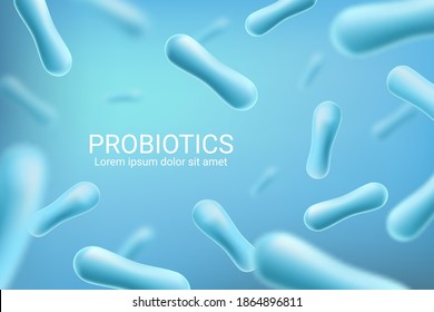 Probiotic bacteria, lactobacillus acidophilus and bifidobacterium lactis 3d vector background. Blue bacillus, good bacteriums and microbes microscopic view of bifidobacteria, gut flora probiotics