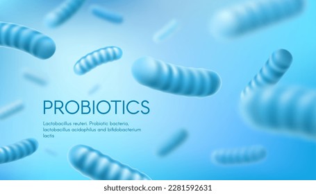 Bacterias probióticas, Lactobacillus Acidophilus y Bifidobacterium. Microbioma humano, brobióticos para la salud del sistema inmunitario fondo vectorial realista o banner con bacterias bifidus, célula de microorganismos