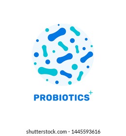 Probiotic bacteria logo. Bifidobacteria lactobacillus gut acidophilus. Lactic prebiotic healthy flora care.