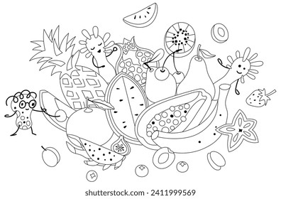 Probiotic bacteria mascots and fruits composition. Healthy food concept in black and white. Colored page background. Editable stroke