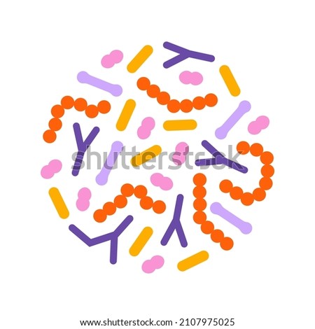 Probiotic bacteria set in circle. Gut microbiota with healthy prebiotic bacillus. Lactobacillus, acidophilus, bifidobacteria and other microorganisms for biotechnology.