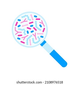 Probiotic bacteria set in magnifying glass. Gut microbiota with healthy prebiotic bacillus. Lactobacillus, acidophilus, bifidobacteria and other microorganisms for biotechnology.