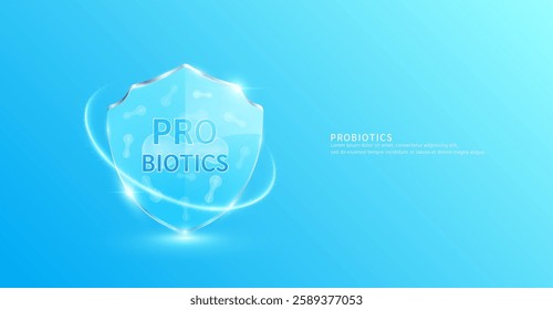 Probiotic bacteria in translucent glass shield modern surrounded by glowing ring. Good bacterial flora for stomach intestine. Health care immunity. For design dietary supplement products ads. Vector.