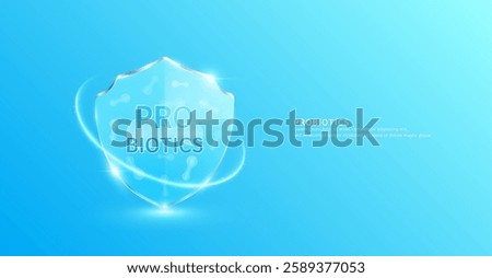 Probiotic bacteria in translucent glass shield modern surrounded by glowing ring. Good bacterial flora for stomach intestine. Health care immunity. For design dietary supplement products ads. Vector.