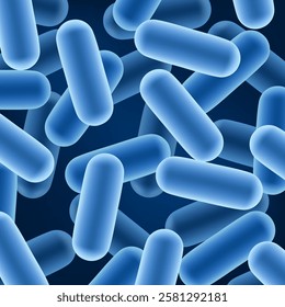 Probiotic bacterias 3d vector background with bacterium of lactobacillus acidophilus and prebiotic bifidobacteria. Microscopic blue bacillus and microorganisms of healthy human intestine and gut flora