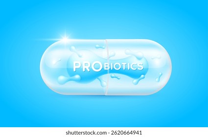 Probiotic blue in translucent capsule. Good bacterial flora for stomach and intestine. Biology lactobacillus. Health care immunity support. Healthy nutrition. Vector.