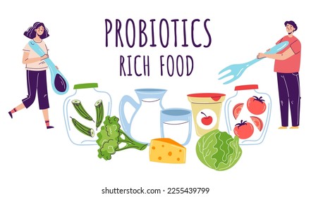 Probiotic fermented rich food vector infographics concept. Vector cartoon graphic design element illustration