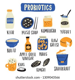 Probiotic food set. Hand drawn illlustration in doodle style. Vector illustration