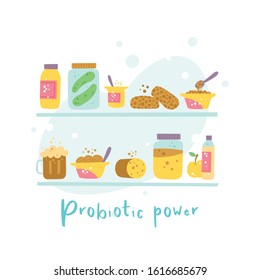 Probiotic foods pantry shelf hand drawn illustration