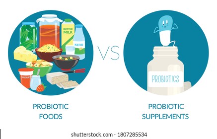 Probiotic Foods Vs Probiotic
Supplements. Vector Illustration.